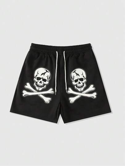 Street Life Men's Skull Print Shorts, Minimalist Fashion Suitable For Summer