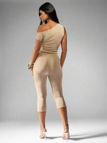 MISSGUIDED Elegant One-Shoulder Capri Length Loungewear Set Textured Bodysuit With Fitted Leggings Evening Party Two-Piece Outfit Club Dance Performance Ensemble - Khaki - View 2