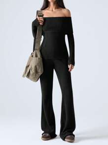 LYSMO 2 件套女士秋季休闲纯色露肩上衣和裤子套装