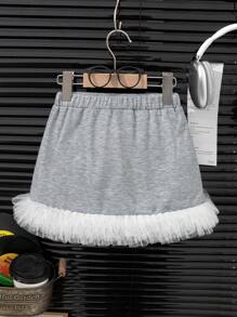 Young Girls' A-Line Ruffled Skirt, Fashion Gray Knitted Pocket Mini Skirt