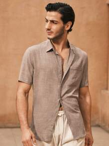 Manfinity VCAY Men's Slim Fit Turndown Collar Short Sleeve Casual Woven Shirt, Summer