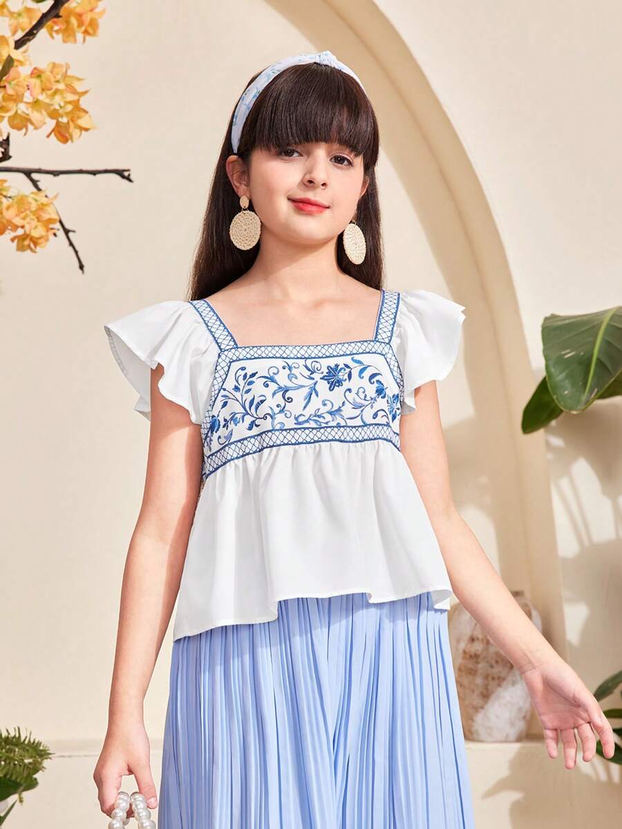SHEIN Tween Girl 盖袖花卉印花度假风格蓝色短衬衫 - 白色 - 查看 1