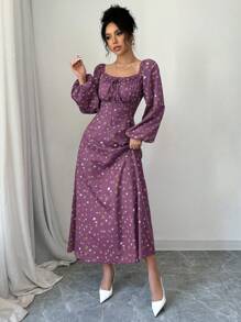 Modelyn 小碎花方领荷叶边系带灯笼袖束腰连衣裙 - 紫色 - 查看 5