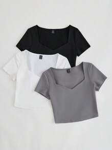 SHEIN BASICS 3 件套女士休闲纯色圆领短袖修身吸湿排汗针织基本款上衣