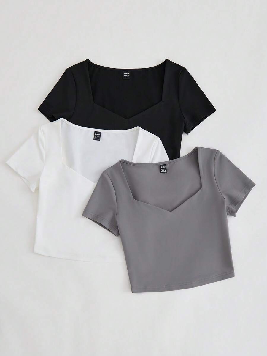 SHEIN BASICS 3 件套女士休闲纯色圆领短袖修身吸湿排汗针织基本款上衣