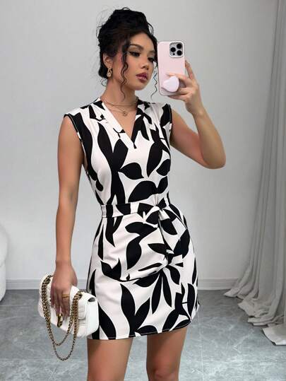 Breezaya Vestido corto casual de mujer con escote en V y estampado de plantas, estilo vacaciones