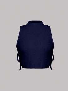 SHEIN Unity Women's Solid Color Hollow-Out Side Tie-Front Cropped Sleeveless Knit Top - Navy Blue - View 3