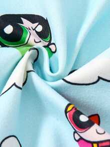 THE POWERPUFF GIRLS X SHEIN Young Girl Cloud Cartoon Print Kids Girl Flame Resistant Lapel Collar Open Front Short Sleeve Top And Shorts Lounge Set - Blue and White - View 5
