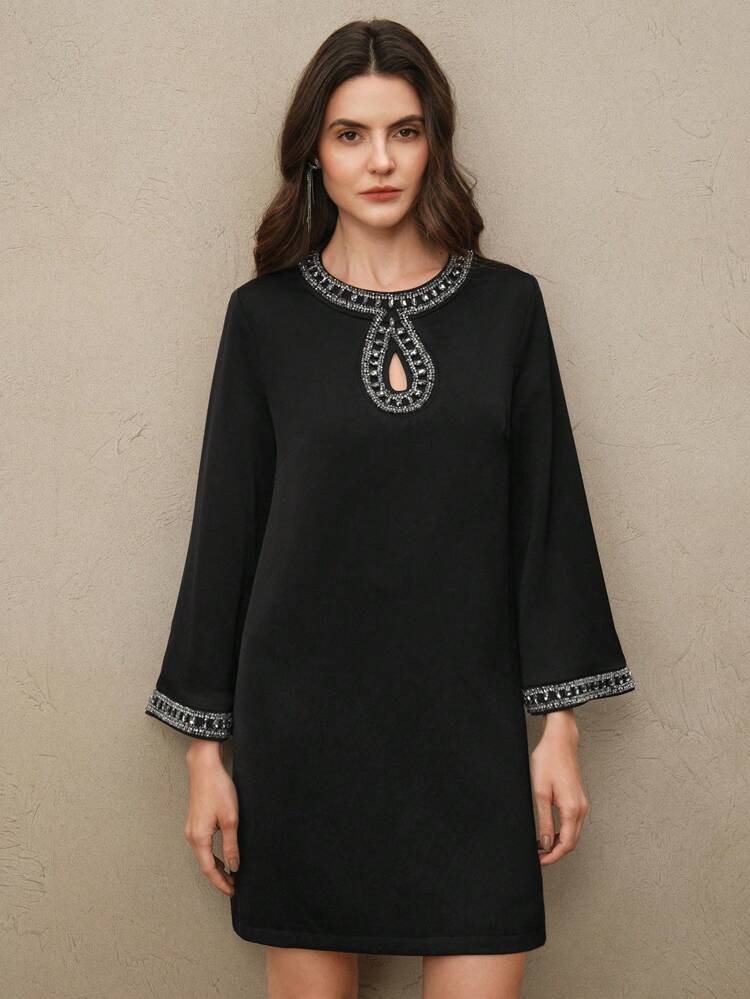 Women's Luxury Chic Rhinestone Embellished Mini Dress With 3/4 Sleeves, Loose Woven Short Dress, Spring Outfits