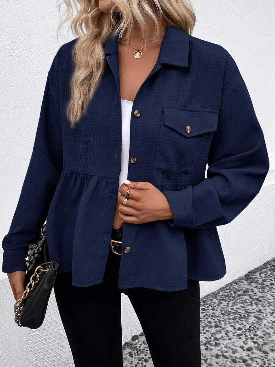 SHEIN LUNE Casual Versatile Simple Solid Color Ruffle Hem Jacket - Royal Blue - View 1