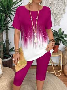 Summer Casual Color Block Short Sleeve T-Shirt And Leggings 2 Pieces Set For Plus Size Women, Slim Fit Summer Women Outfit