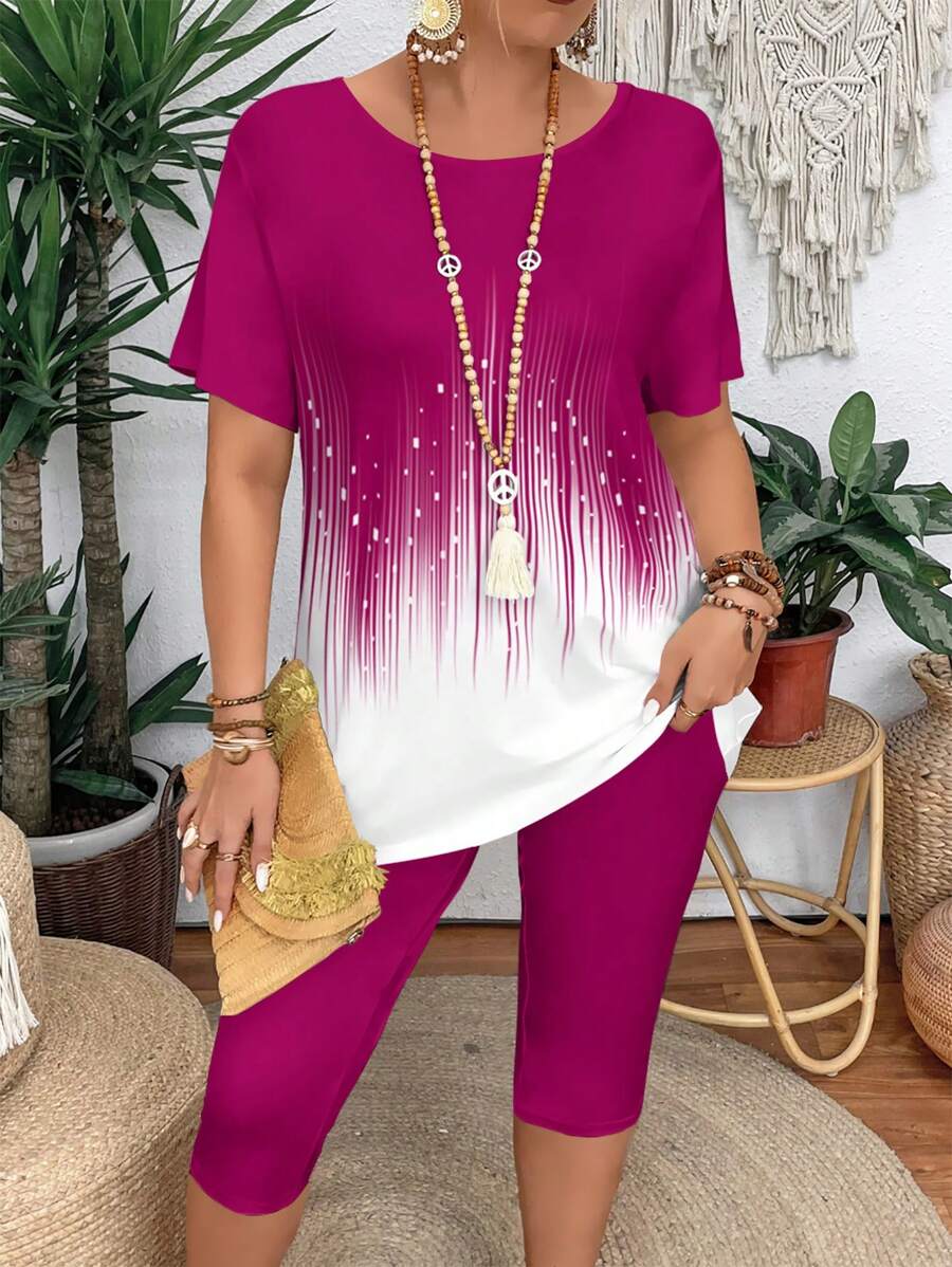 Summer Casual Color Block Short Sleeve T-Shirt And Leggings 2 Pieces Set For Plus Size Women, Slim Fit Summer Women Outfit