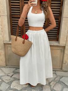 Pariaura Elastic Waist High Waist Solid Color Skater Skirt, Versatile & Slimming A-Line Skirt Fall Cloth For Women