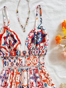 Soleia Women's Summer Vacation Style Colorful Sicilian Floral Print Hollow Back Layered Ruffle Hem Short Dress, Autumn,Sun Dress