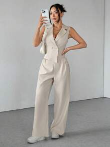 SHEIN PETITE Two Pieces Fall Outfits 2pcs/Set Women Solid Color Sleeveless Top And Pants Fall Clothes - Khaki - View 7