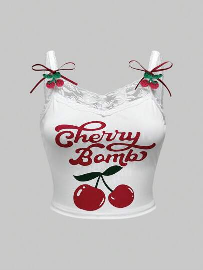 Kawaii Top da donna a bretelle con stampa a ciliegie e bordo in pizzo, taglie comode