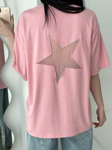 DAZY Star Pattern Round Neck Loose Fit Short Sleeve T-Shirt, Suitable For Daily Wear Graphic Tee Oversized T-Shirt - Baby Pink - View 2