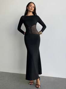 Aloruh 拼接长袖修身收腰迷你连衣裙，性感别致 - 黑色 - 查看 3