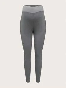 SHEIN Maternity Skinny Pants Black Gray Assorted Mesh Contrast Adjustable Waist Pregnant Women Solid Color High Elasticity Leggings, Suitable For Daily Casual Wear