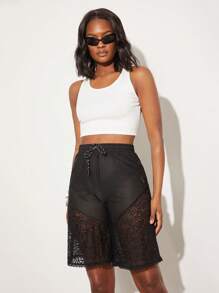 SHEIN Unity 蕾丝边针织篮球夏季短裤街头风格 Hym 健身音乐节优雅度假春假早午餐机场服装女士 - 黑色 - 查看 6