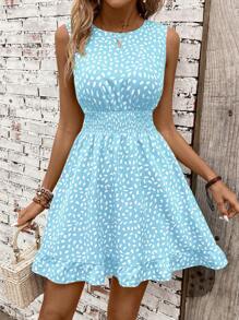 SHEIN Clasi Sleeveless Smocked Waist Printed Dress, Refreshing Sleeveless Design Suitable For Summer, Smocked Waist Outlines A Slim Waistline, Unique Printed Fabric Is Eye-Catching, Length To Thighs Shows Long Legs, Casual And Versatile With Full Vitality - Blue - View 3