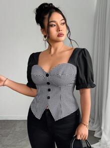 SHEIN LUNE Plus Size Women's French Elegant Minimalist Colorblock Houndstooth Print Collar Puff Sleeve Cinched Waist Asymmetric Hem Button Decorated Blouse