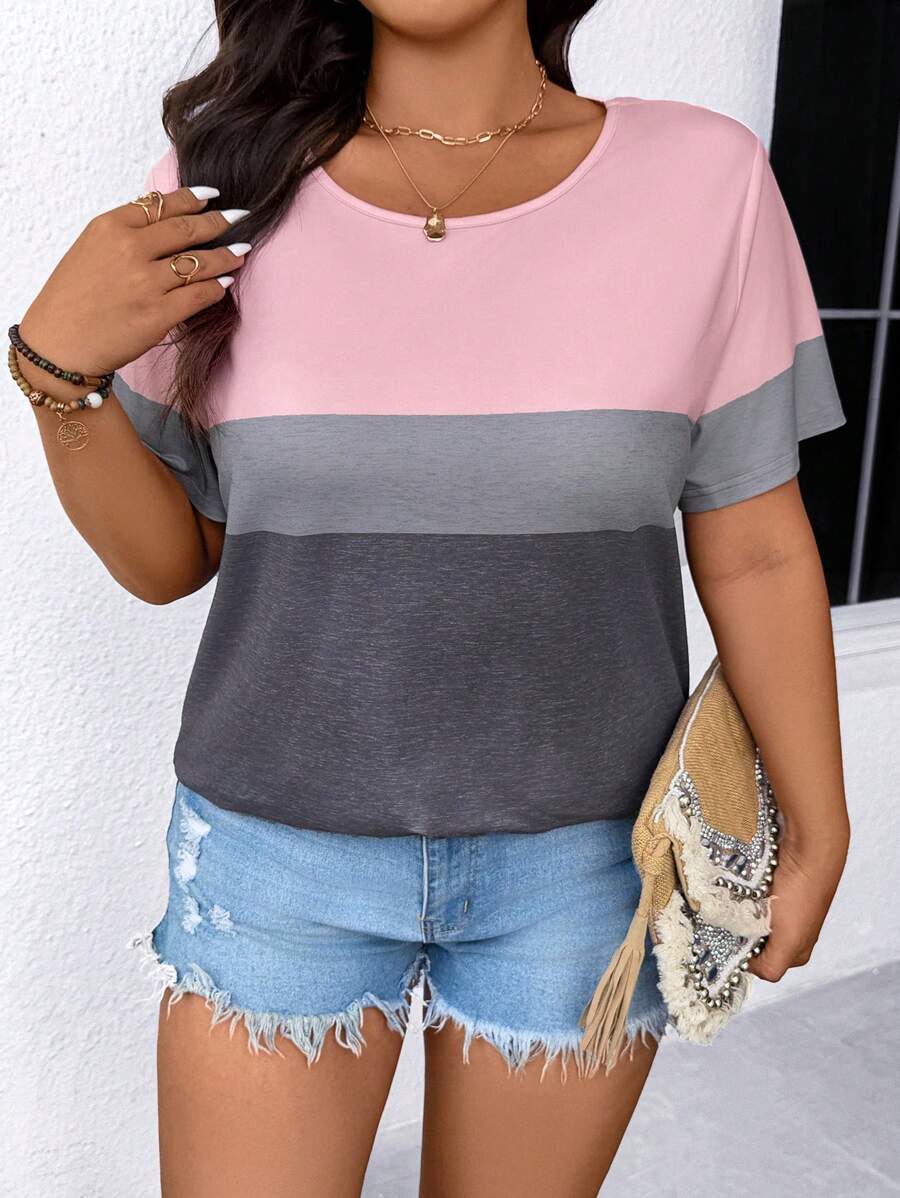 SHEIN LUNE Plus Size Color Block Casual Loose T-Shirt - Multicolor - View 1