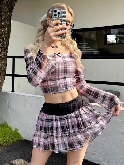 SHEIN 2 件套青少年女孩休闲条纹露肩短款 T 恤和拼色迷你裙