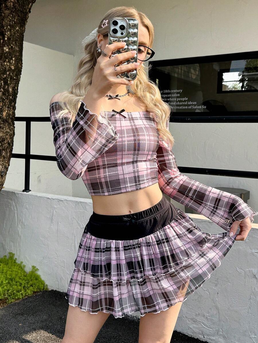 SHEIN 2pcs Set Teen Girls Casual Striped Off Shoulder Cropped T-Shirt And Colorblock Mini Skirt - Black - View 1