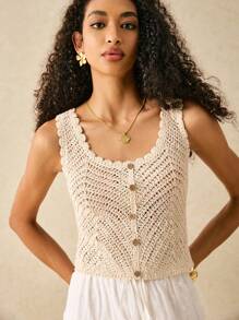 Poéselle Buttoned Front Open Knit Top,Knitted Sweater - Apricot - View 2