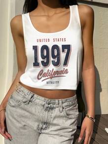 SHEIN EZwear Women Casual Street Retro Style Digit 1997 Print Loose U-Neck Crop Tank Top Back To School - White - View 5