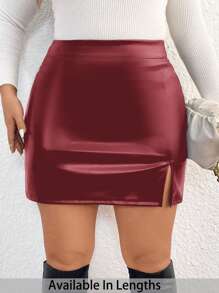 SHEIN Tall CURVE 加大码纯色皮革开衩下摆紧身半身裙，适合春秋季节日常穿着 - 酒紅色 - 查看 1