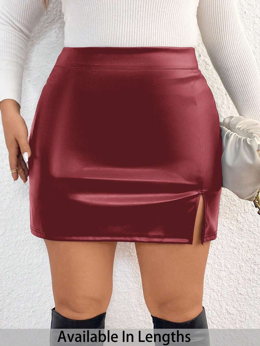 SHEIN Tall CURVE 加大码纯色皮革开衩下摆紧身半身裙，适合春秋季节日常穿着 - 酒紅色 - 查看 1