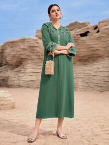 Al Najma Modest Embroidered Arabic Style Traditional Maxi Dress, Turkish Abaya, Kaftan - Green - View 5