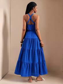 Slaydiva Beach New Spring And Summer Casual Vacation Daily Date Halter Neck Strap Back Cross Strap To Waist Bow Strap Multi-Layer Splicing Hem Klein Blue Plaid Texture Woven Fabric Women's Maxi Dress-B