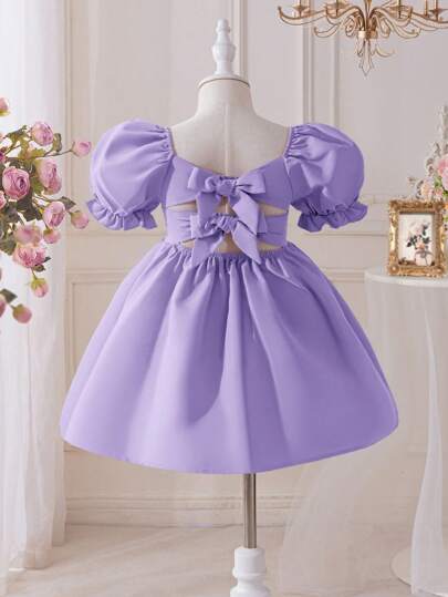 Young Girl Casual Short-Sleeved Woven Solid Color Square Neckline Dress For Daily Wear