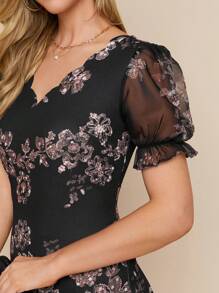 Amorya 女士优雅花卉印花贝壳领亮片拼接短袖紧身迷你连衣裙