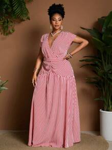 Maweii Plus Size Striped Plus Size Dress, Casual & Vacation Style - Red and White - View 5