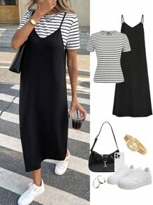 SHEIN LUNE Women 2pcs/Set Casual Striped Camisole & Mid-Length Dress, Spring/Summer Daily Basic Set - Black and White - View 1