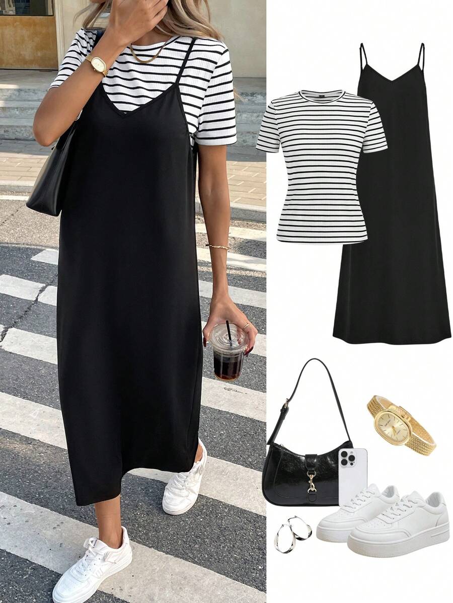 SHEIN LUNE Women 2pcs/Set Casual Striped Camisole & Mid-Length Dress, Spring/Summer Daily Basic Set - Black and White - View 1