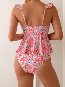 Swim Mod 2 Pieces Beach Summer Vacation Outfits For Women: V-Neck Ditsy Floral Ruffle Trim Swimwear Top And High Waist Tankini Bottom - Multicolor - View 2