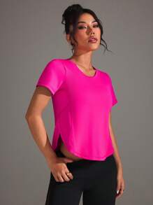 Easithlete Sports-Chic Contrast Mesh Splice Short Sleeve Vibrant T-Shirt - Hot Pink - View 3