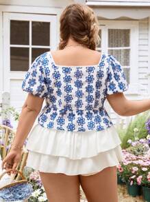 SHEIN VCAY Plus Size White Base Blue Floral Embroidered Bishop Sleeve Square Collar Blouse Cute Summer Tops Embroidery Summer For Women Spring Easter Women Festival Rave Elegant Vacation Woman Casual Boho Graduation Brunch For Women Wedding Guest Women Bohemia Concert Women Country Concert Beach Vacation - Multicolor - View 2