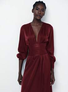 Aveloria Modichic Elegant Deep V-Neck Waist Cinched Waist Ruffle Hem Long Sleeve Dress For Women, Spring Outfit Fall Cloth For Women