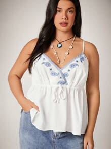 SHEIN VCAY 大码刺绣荷叶边下摆前系带露背休闲吊带背心