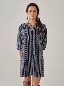 Florisole 休闲优雅宽松 3/4 袖单排扣女式连衣裙 - 彩色 - 查看 1