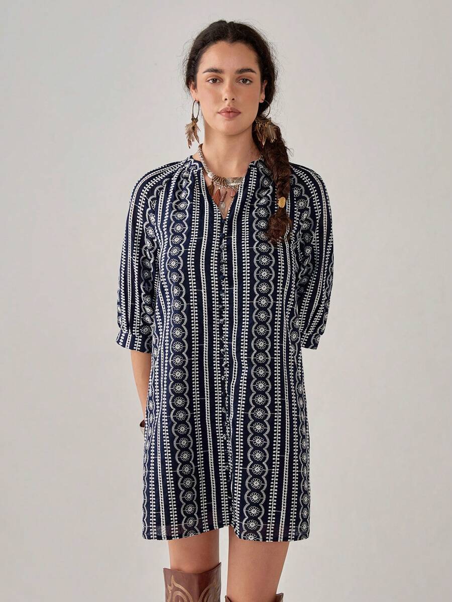 Florisole 休闲优雅宽松 3/4 袖单排扣女式连衣裙 - 彩色 - 查看 1