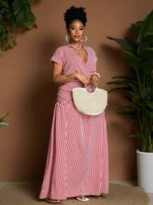 Maweii Plus Size Striped Plus Size Dress, Casual & Vacation Style - Red and White - View 4
