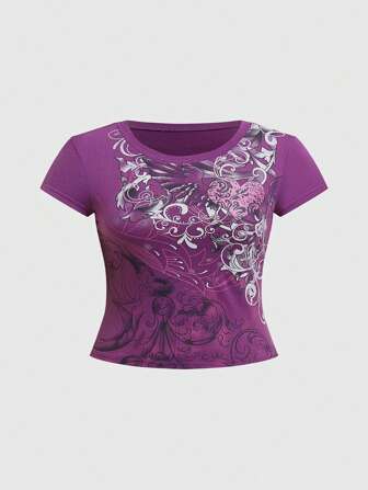 Grunge Punk Retro Grunge Stil Valentinstag Herz & Ranken Muster Kurzarm T-Shirt in Große Größen mit Taillierung