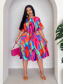 Slaydiva 大码女式抽象亮色印花 A 字型度假休闲连衣裙 - 彩色 - 查看 7